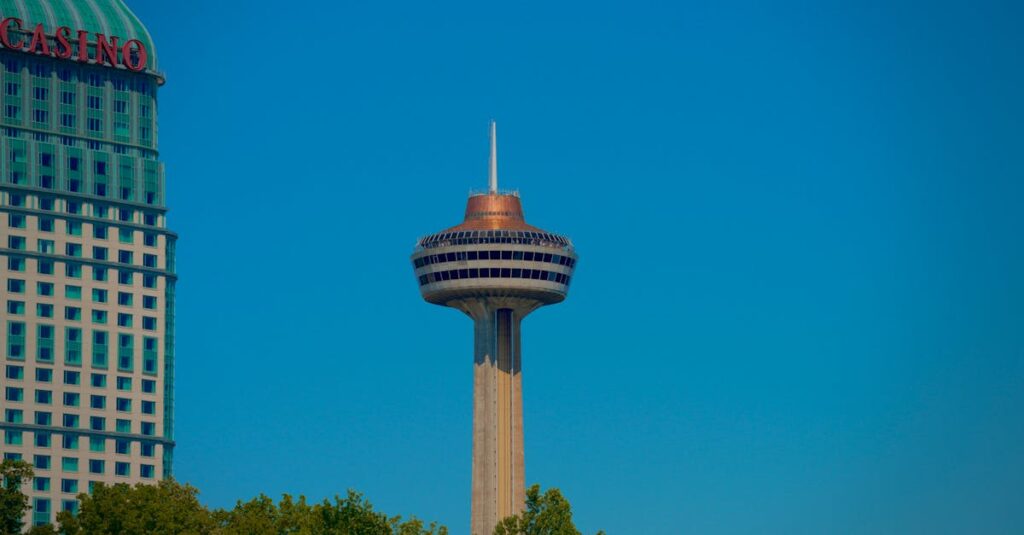 View of the Skylon Tower and casino against a clear blue sky in Niagara Falls, Ontario.